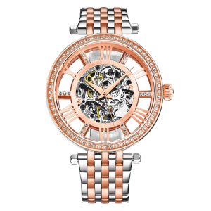 Relógio Automático Stuhrling Delphi 38mm Rosa e Prata Pulseira Aço Inoxidável Prateada com Fivela Rosa