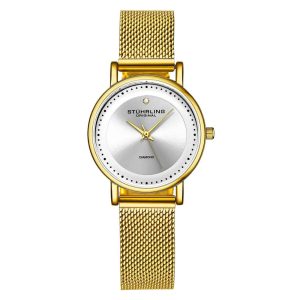 Relgio feminino Lady Casatorra Elite 4005  mostrador prateado pulseira de ao inoxidvel dourada e fivela dobrvel Stuhrling