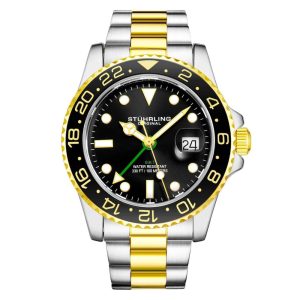 Relgio Stuhrling Meridian 3965 de 42 mm com mostrador preto pulseira em ao inoxidvel dourado e fivela de implantao prateada.