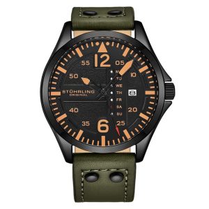 Relgio Aeronaut 3916 Aviador 43mm Mostrador Preto Pulseira de Couro Fivela Tang Stuhrling