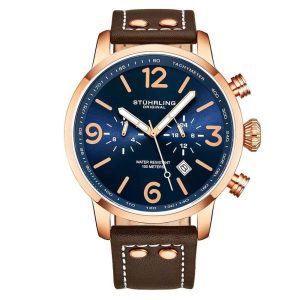 Relgio masculino Stuhrling Aviador 45mm mostrador azul/rosa pulseira couro marrom e fivela ouro rosa.
