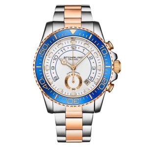 Relgio feminino Stuhrling Brigadeiro 3966 com moldura azul mostrador branco e pulseira em ao rosa de dois tons.