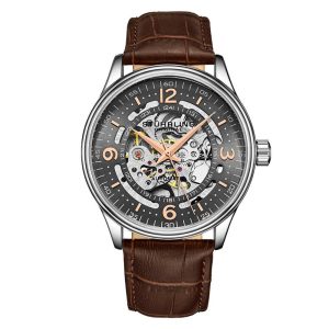 Relgio Automtico Stuhrling Dinamarca 3947 Mostrador Cinza 42mm Pulseira de Couro Marrom e Fivela Tang de Prata