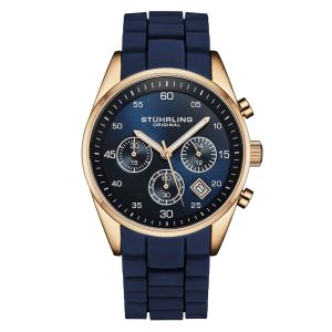 Relógio Chronograph 42mm com Mostrador Azul Caixa em Ouro Rosa e Pulseira de Silicone Azul Stuhrling.