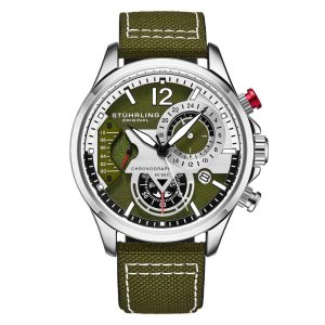 Relogio Stuhrling Cordura 4029 Aviador 45mm Mostrador Verde e Pulseira de Couro Verde com Fivela de Prata