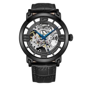 Relógio Automático Winchester 3964L de 42mm com Mostrador Preto Pulseira de Couro Preta e Fivela Tang Preta da Stuhrling.