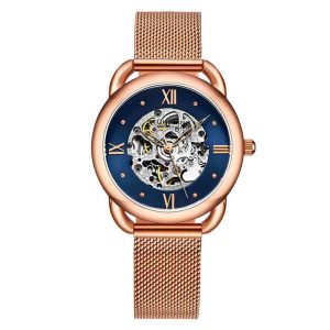 Relgio Stuhrling 3990M Automtico 36mm mostrador azul pulseira em ao inox rosa com fivela dobrvel em camadas de ouro rosa.