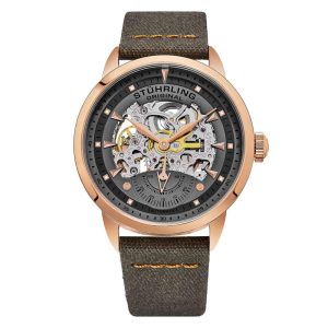Relógio Legacy 871 Automático 44mm com Mostrador Cinza e Detalhes em Rosa Pulseira de Couro Laranja e Fivela Tang - Stuhrling.