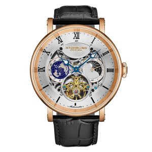 Relógio Automático Dual Time Majestic 47mm Mostrador Prateado Pulseira Preta e Moldura Dourada - Stuhrling.