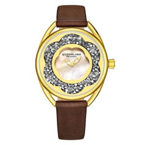 Relgio Stuhrling Lily 995 - 38mm mostrador prateado pulseira de couro marrom com fivela dourada.