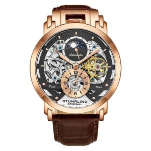 Relgio Automtico Menai 906 - Mostrador Cinza Metlico e Pulseira de Couro Marrom com Fivela Tang em Camadas de Ouro - Stuhrling