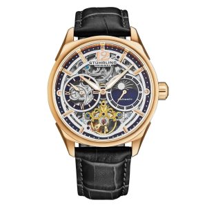 Relógio Automático Vanguard 1019 com Dual Time Mostrador Azul Pulseira Preta e Moldura Dourada de 42mm - Stuhrling.