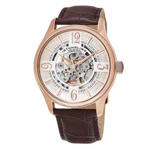Relógio Automático Stuhrling M14569 - Mostrador Prateado com Detalhes em Rosa e Pulseira de Couro Marrom com Fivela em Ouro Rosa.