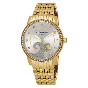 Relógio Stuhrling Clássico Coroa 569 com Mostrador Prateado de 37mm em Ouro e Fivela de Aço Inoxidável Dourada.