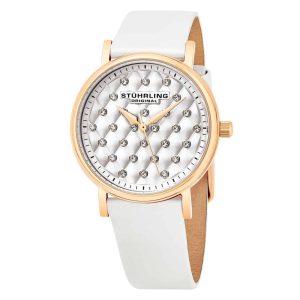 Relógio feminino Stuhrling Audrey 799 com mostrador prateado pulseira de couro branco e fivela tang.