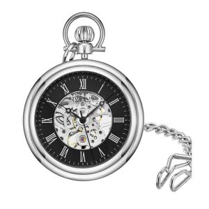 Relgio de Bolso Vintage Stuhrling 6053 Handwind 47mm Mostrador Preto e Prata em Ao Inoxidvel