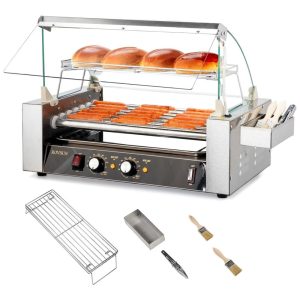 Máquina para Cachorro Quente 7 Rolos até 18 Salsichas com Luz LED Controle de Temperatura Duplo e Aquecedor de Pão 110V 1050W ROVSUN Prata