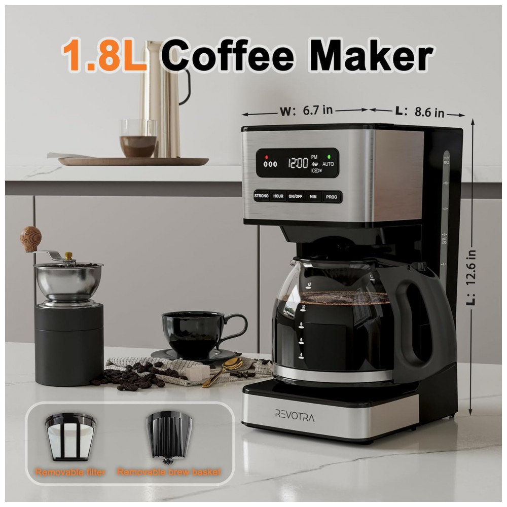 Cafeteira Programável de 12 xícaras, Filtro de Café Drip Regular e Forte, 14 xícaras e Configuração para Café Gelado, Timer 24h, REVOTRA - Imagem 4