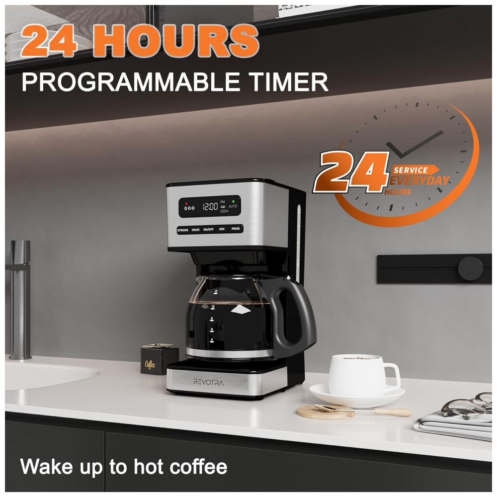 Cafeteira Programável de 12 xícaras, Filtro de Café Drip Regular e Forte, 14 xícaras e Configuração para Café Gelado, Timer 24h, REVOTRA - Imagem 5