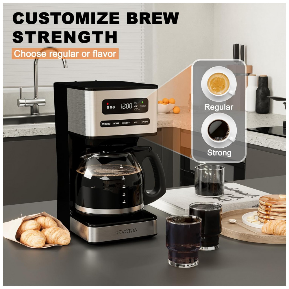 Cafeteira Programável de 12 xícaras, Filtro de Café Drip Regular e Forte, 14 xícaras e Configuração para Café Gelado, Timer 24h, REVOTRA - Imagem 6