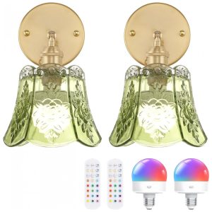 Shenmoyl Conjunto 2 Arandelas Vintage a Bateria com Controle Remoto LED RGB Dimerizável Verde Rosa para Quarto e Banheiro