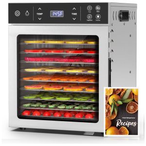 Desidratador HOPERAN Inox 800W com 10 Bandejas Controle Digital Timer Ajustável e Fluxo de Ar 360° para Carnes Frutas e Legumes