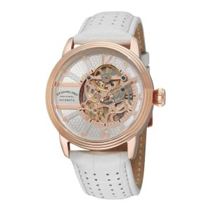 Relógio Stuhrling Próspero Clássico 308A Automático 44mm mostrador prateado e pulseira de couro branco com fivela Tang.
