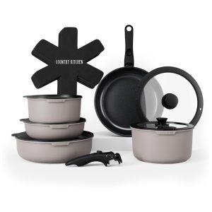 Jogo de Panelas e Frigideiras Material em Alumínio com 16 Peças e Cabo Removível Country Kitchen Cinza e Preto