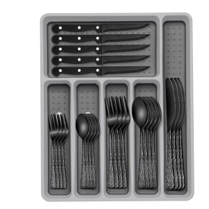 Kit de Talheres Preto de 49 Peças em Aço Inox Organizador com Estampa de Árvores Serve 8 Pessoas Facas de Jantar Inclusas.EWFEN.
