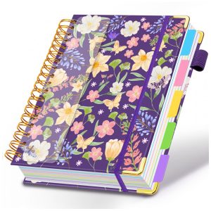 Caderno universitário espiral HDhuiun 8x10 5 matérias 300 páginas pautadas divisórias com bolsos e abas capa floral roxa