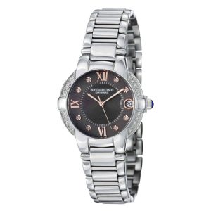 Relógio de pulso feminino Stuhrling Condessa Elite 338L com mostrador cinza pulseira de aço inoxidável prateado e fivela dobrável - 33mm.