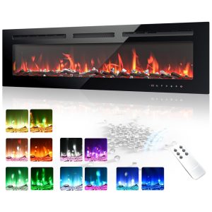 Lareira Elétrica EUHOMY de 127cm Embutida e Montada na Parede com Chama Colorida Ajustável Aquecedor de Ambiente c/ Controle Remoto