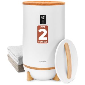 Aquecedor de Toalha Elétrico com Desligamento Automático Temporizador Integrado até 60 Min e Suporte para Disco Perfumado 110V 500W SereneLife Branco e Marrom Bambu