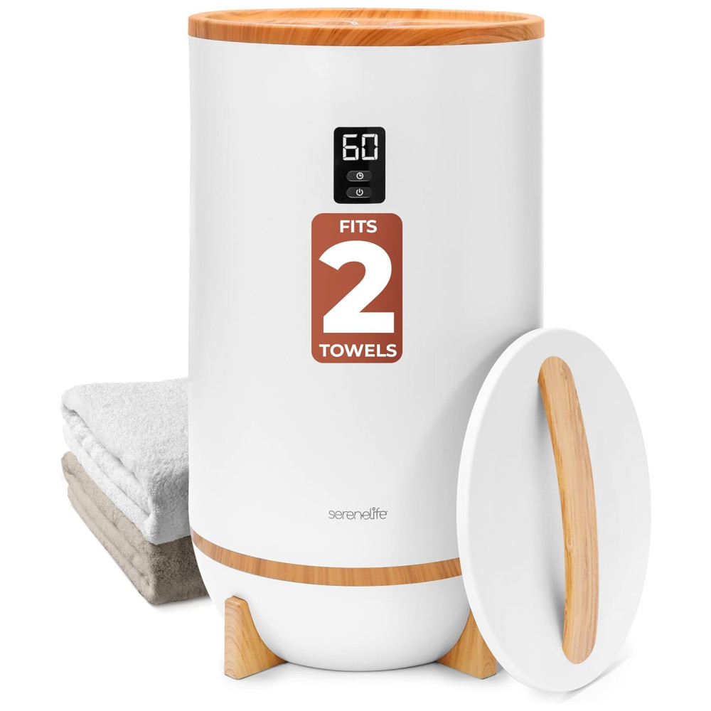 Aquecedor de Toalha Elétrico com Desligamento Automático Temporizador Integrado até 60 Min e Suporte para Disco Perfumado 110V 500W SereneLife Branco e Marrom Bambu