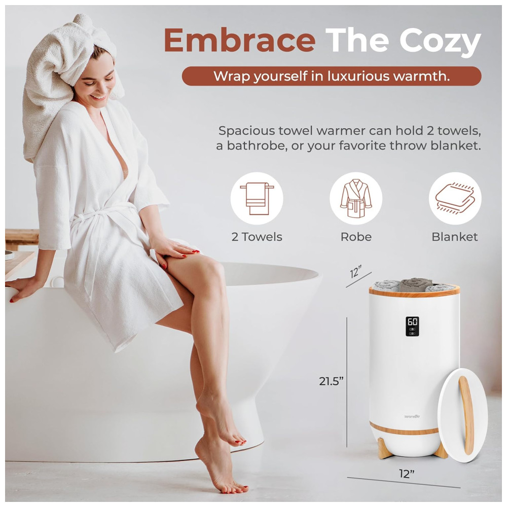 Aquecedor de Toalha Elétrico com Desligamento Automático Temporizador Integrado até 60 Min e Suporte para Disco Perfumado 110V 500W SereneLife Branco e Marrom Bambu - Imagem 2