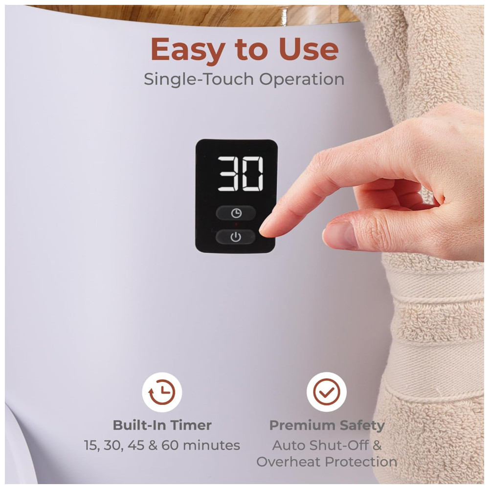 Aquecedor de Toalha Elétrico com Desligamento Automático Temporizador Integrado até 60 Min e Suporte para Disco Perfumado 110V 500W SereneLife Branco e Marrom Bambu - Imagem 4