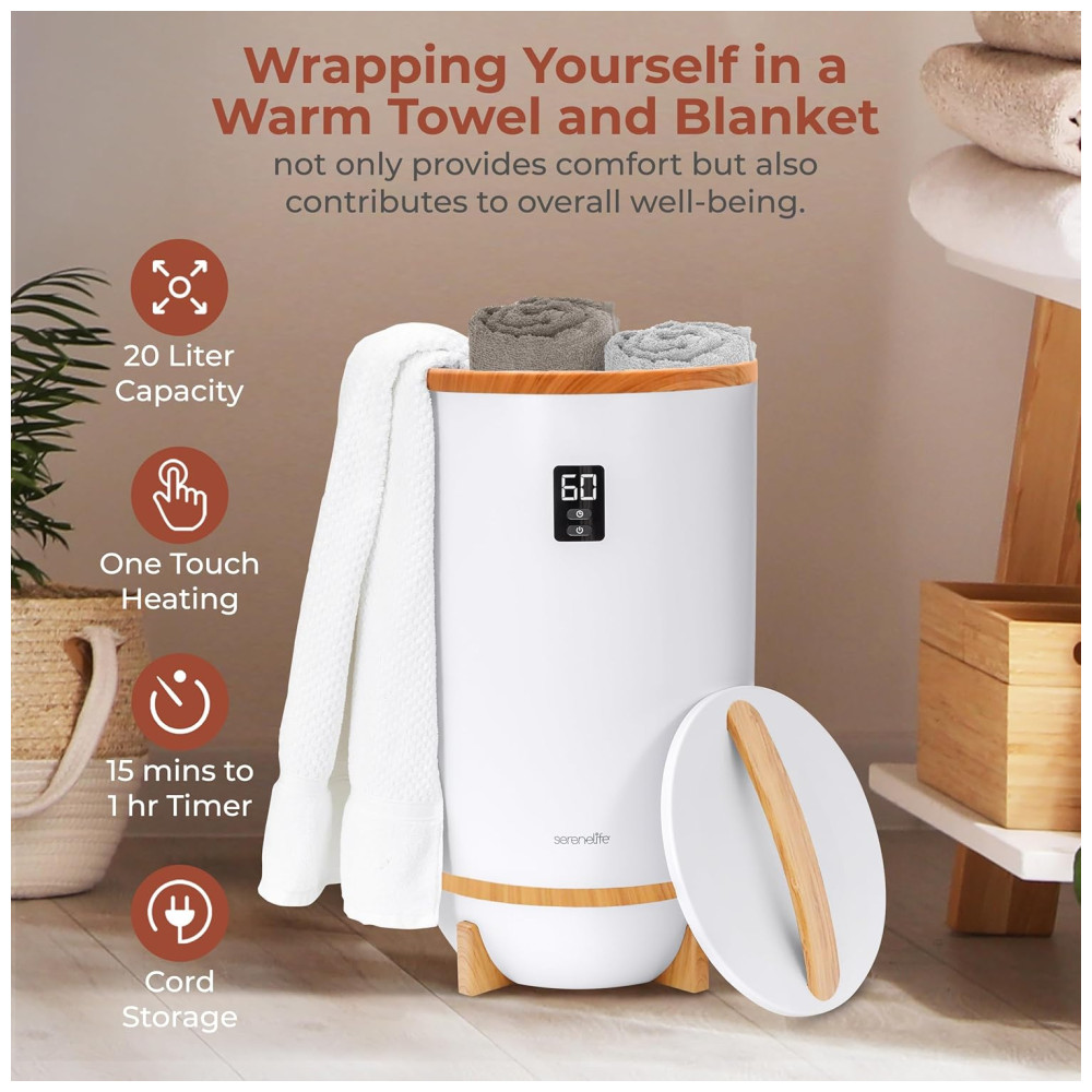 Aquecedor de Toalha Elétrico com Desligamento Automático Temporizador Integrado até 60 Min e Suporte para Disco Perfumado 110V 500W SereneLife Branco e Marrom Bambu - Imagem 6