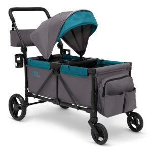 Carrinho de Passeio Vagão Duplo Multifuncional com Capota e Armazenamento Jeep Cinza e Azul