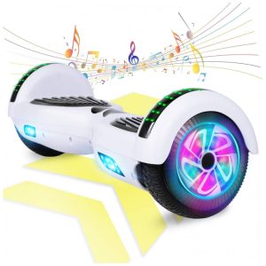 Hoverboard Elétrico Branco Autoequilibrado 16 km/h Motor 350W Bateria 36V 4Ah Alcance 16 km Bluetooth e Luzes LED Peso 105 kg
