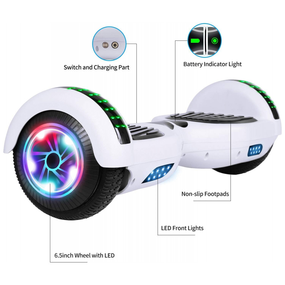 Hoverboard Elétrico Branco, Autoequilibrado, 16 km/h, Motor 350W, Bateria 36V 4Ah, Alcance 16 km, Bluetooth e Luzes LED, Peso 10,5 kg - Imagem 2