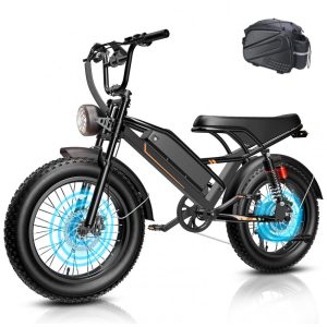Bicicleta elétrica Jasion YR20 preta nightfall pneus 20x4 motor 1000W nominal 3000W pico bateria 48V 20Ah 960Wh suspensão dupla 7 marchas 110V