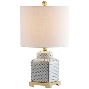 Abajur Luminária de Mesa em Cerâmica e Metal Estilo Contemporânea com 54 cm de Altura para Quarto Sala de Estar e Escritório 110V 100W JONATHAN Y Branco e Azul Marinho