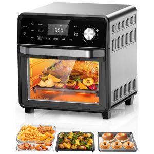 Forno Elétrico de Bancada 100 em 1 14L com Função Air Fryer Display LED Porta de Vidro Duplo Isolado 7 Funções 110V 1500W Nuwave Preto e Prata