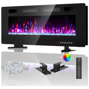 Lareira Elétrica de Embutir A45x127L cm com Temporizador Controle Remoto e Digital 110V 1500W BREEZEHEAT Preta