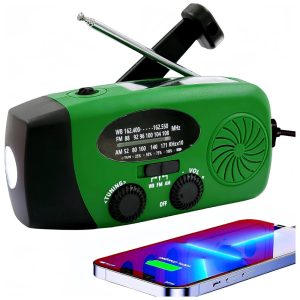 Rádio AM FM WB e NOAA 1000mAh Com Bateria Solar ou Manivela de Recarga USB Cor Verde