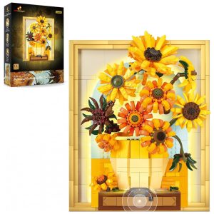 Kit de Construção Quadro Van Gogh Girassol de Flores com Luzes e 1166 Peças JMBricklayer Amarelo