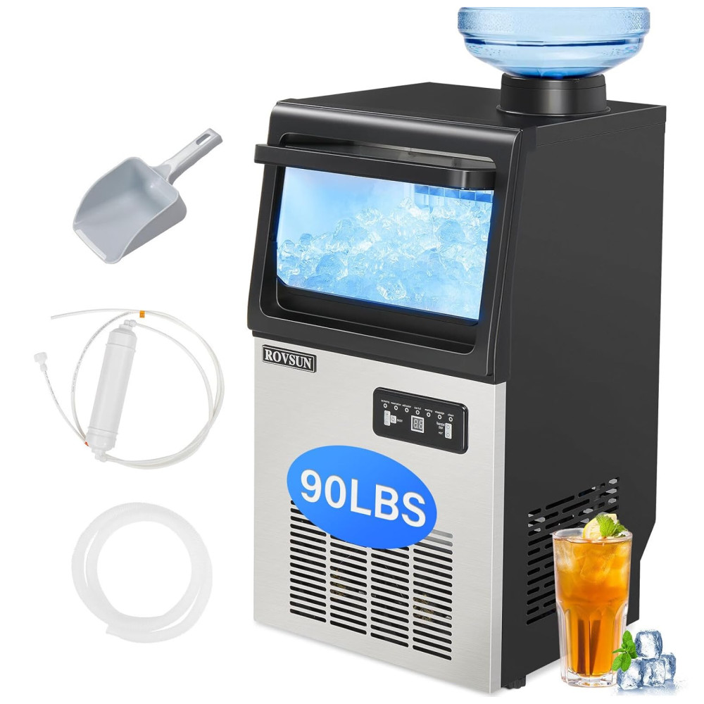 Máquina de Gelo Profissional Que Produz 40 kg em 24H com Função de Agendamento Tubo de Drenagem e Filtro de Água 110V 100W ROVSUN Preta e Prata