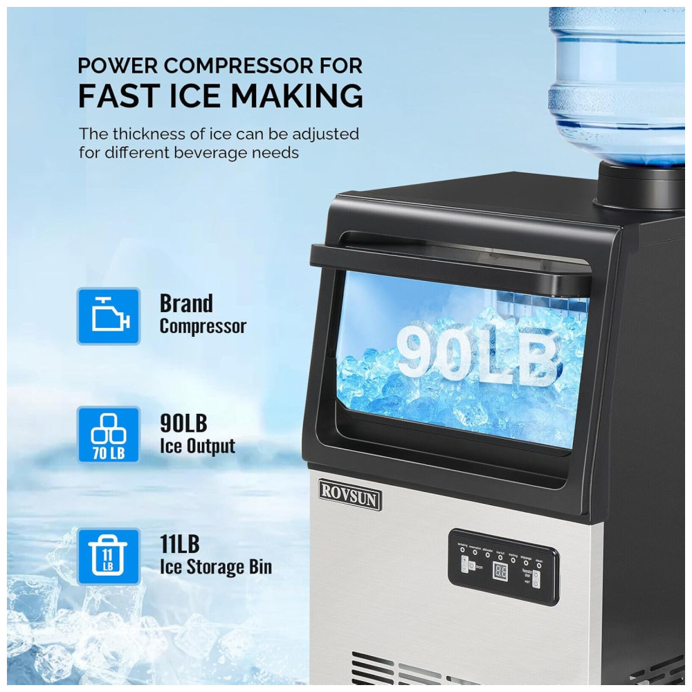 Máquina de Gelo Profissional Que Produz 40 kg em 24H com Função de Agendamento Tubo de Drenagem e Filtro de Água 110V 100W ROVSUN Preta e Prata - Imagem 3