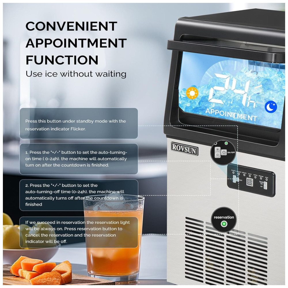 Máquina de Gelo Profissional Que Produz 40 kg em 24H com Função de Agendamento Tubo de Drenagem e Filtro de Água 110V 100W ROVSUN Preta e Prata - Imagem 4
