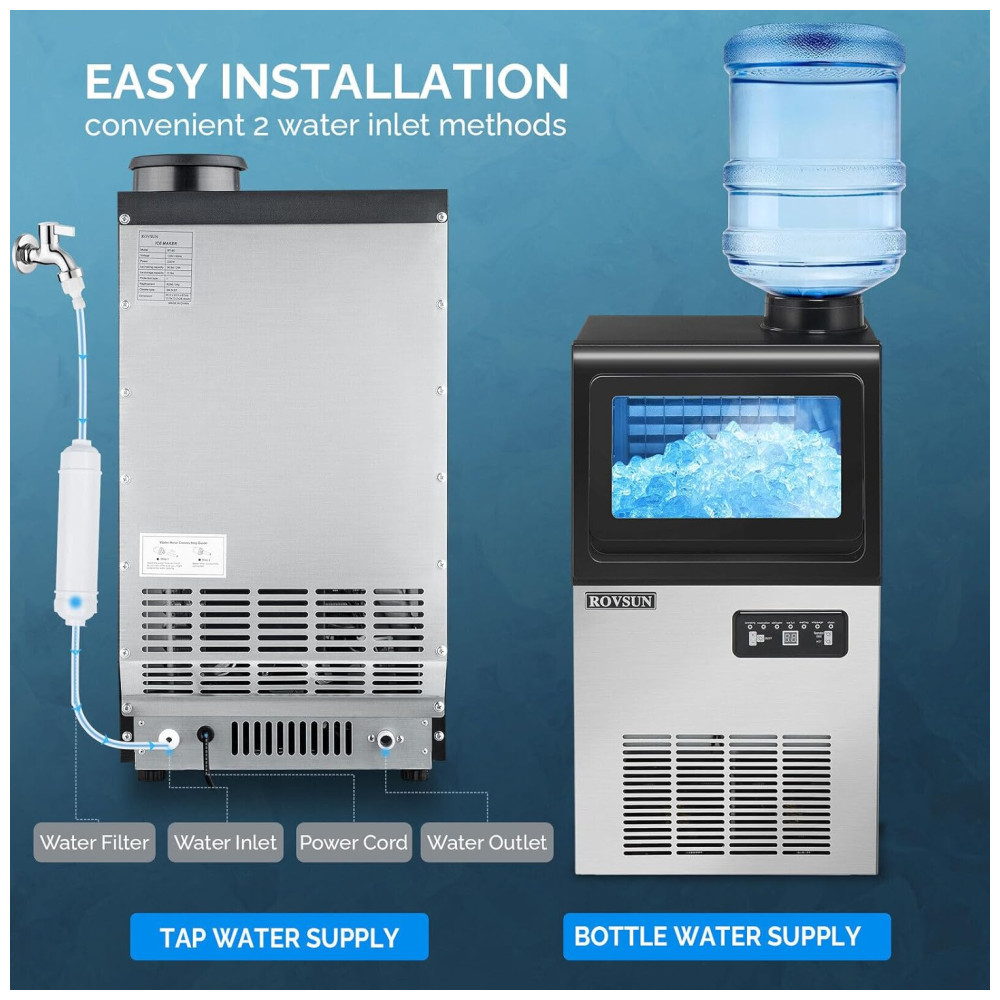 Máquina de Gelo Profissional Que Produz 40 kg em 24H com Função de Agendamento Tubo de Drenagem e Filtro de Água 110V 100W ROVSUN Preta e Prata - Imagem 5